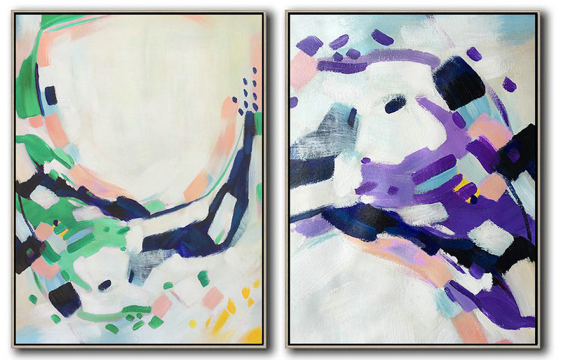 Hand Painted Extra Large Abstract Painting,Set Of 2 Abstract Painting On Canvas,Extra Large Artwork,White.Dark Blue,Green,Purple.etc